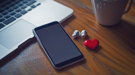 A sleek smartphone with a blank screen placed on a wooden desk alongside a laptop and a pair of wireless earbuds