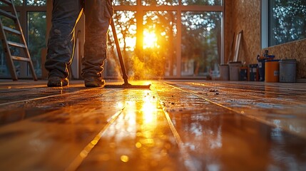 Floor cleaning at sunset in a newly renovated space with warm light during evening hours