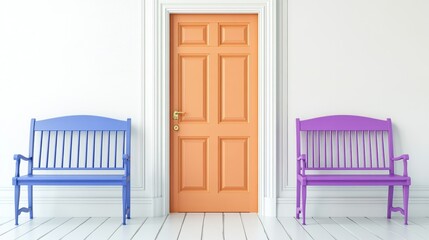 Bright doors and benches in shades of purple, blue, and orange against a neutral white wall create a striking, modern aesthetic.