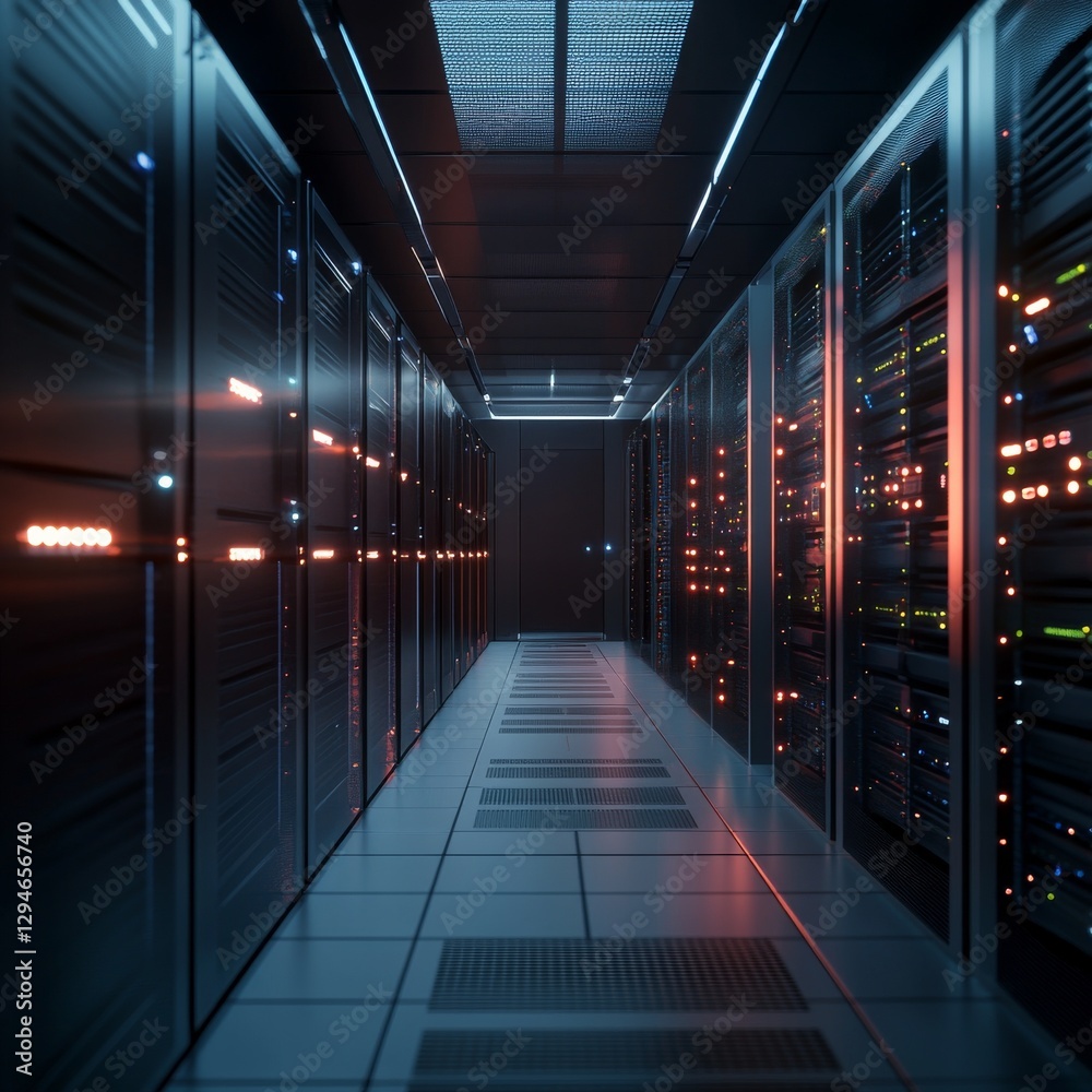 Poster inside a modern data center: rows of servers, glowing lights, and cutting-edge technology infrastruc