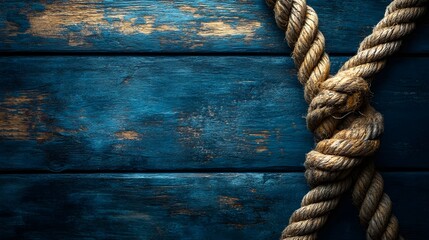 Obraz premium Rope is tied to a wooden board. The rope is tied in a knot and is hanging over the board
