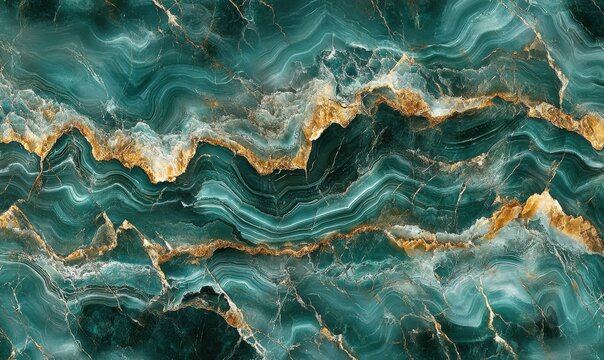 Abstract wavy marble texture in shades of emerald green and teal, illuminated softly to emphasize its elegant and natural design
