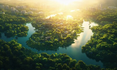 Obraz premium Aerial view of a futuristic city surrounded by lush green forests and rivers, with bright sunlight highlighting sustainable design. Vibrant tones evoke harmony,