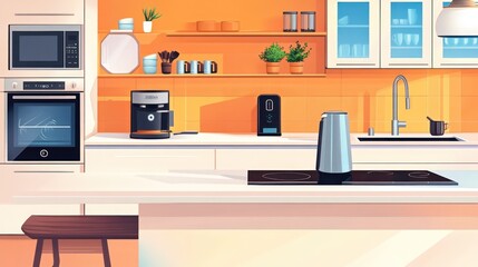 Fototapeta premium A spacious kitchen with IoT-enabled appliances, including a coffee maker, oven, and lights