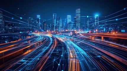 Fototapeta premium A futuristic cityscape at night, illuminated by a network of glowing blue and orange lights.