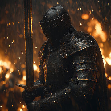 Photo of a medieval knight in battle, clad in intricately detailed armor with scratches and dents, wielding a massive claymore sword Generative AI
