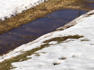 Snow and water on the sidewalk