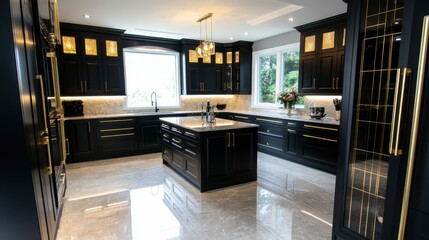 Luxurious modern kitchen featuring matte black cabinets, gold accents, and under-cabinet lighting.