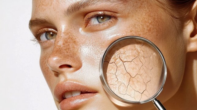 Magnifying glass revealing dry, flaky skin texture, emphasizing critical skincare needs for maintaining facial hydration and skin health