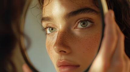 Young woman with green eyes, freckled skin, and curly hair gazing into round mirror, soft lighting accentuating facial features and natural beauty
