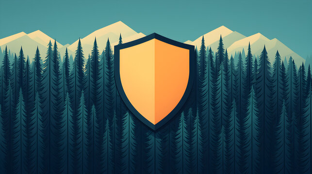 Protective shield graphic in nature landscape with majestic mountains and forests