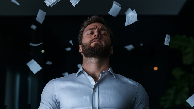 A man with a beard is looking at the camera while papers are flying around him