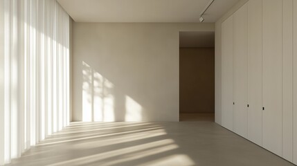 Sunlit Interior: A serene architectural interior bathed in natural sunlight, featuring minimalist design elements and clean lines, creating a sense of spaciousness and calm.