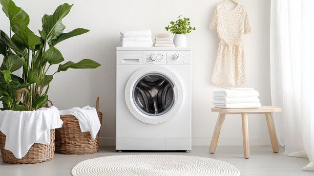 Fresh Laundry Day: A bright and airy laundry room setup features a modern washing machine alongside neatly folded clothes, plants, and a simple wooden stool.