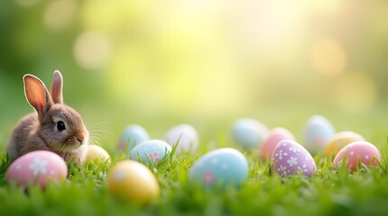Fototapeta premium Easter Scene with Pastel-Colored Eggs in Lush Green Grass