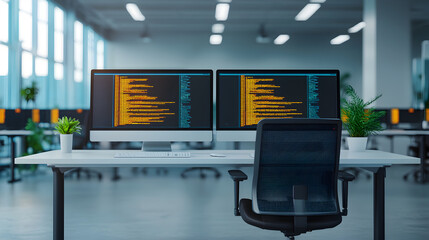Modern coding workspace tech environment with digital screens for enhanced productivity