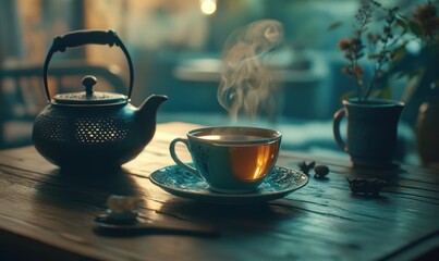 Elegant tea set with a steaming cup of herbal tea and a small teapot, placed on a rustic wooden table, soft warm light creating a cozy and serene scene