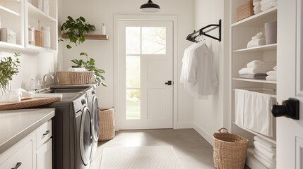 Laundry Room Interior: A bright and airy laundry room bathed in natural light, featuring modern appliances and organized storage. The space exudes cleanliness and functionality