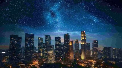 Fototapeta premium The elegant glow of a contemporary city skyline, showcasing high-rise residential buildings beneath a starry sky.