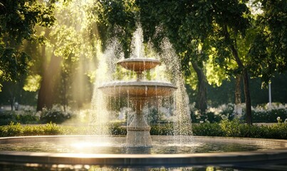 Fountain spraying crystal-clear water into the air under bright sunlight, soft reflections creating a dynamic and refreshing scene