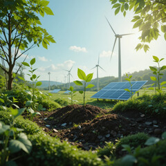 Renewable energy source from wind turbine and solar panel in field with young plant growing, this scene convey environmental conservation