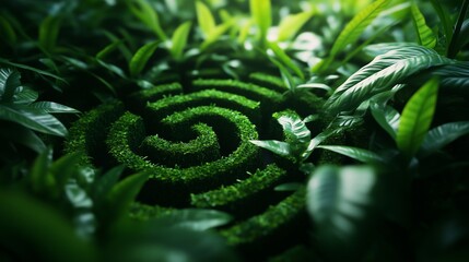 green maze in the sunlight. A maze of green forest. Generative jungle with ai. A sunlit lifestyle green labyrinth.