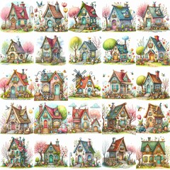 Naklejka premium Watercolor Spring House. AI generated illustration