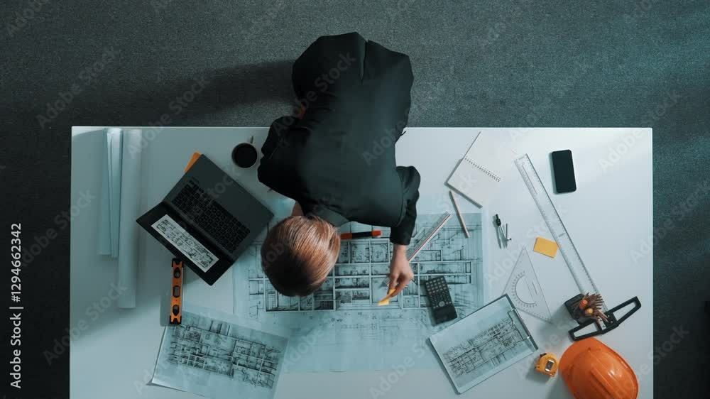 Poster top view of manager using ruler to measure project plan while looking at building construction on la