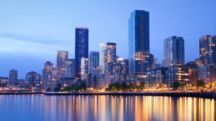 Fototapeta premium The skyline of a thriving metropolis at dusk, with stylish high-rise residences rising into the night.