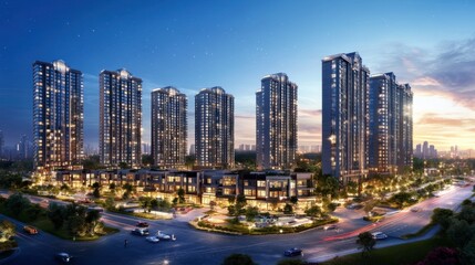 Fototapeta premium The transition from day to night in a modern metropolis, featuring high-rise residential buildings with twinkling lights.