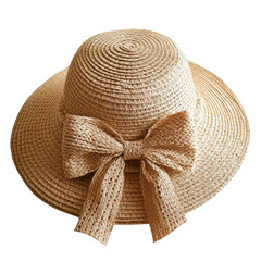 Straw Sun Hat with Bow Design on transparent background.
