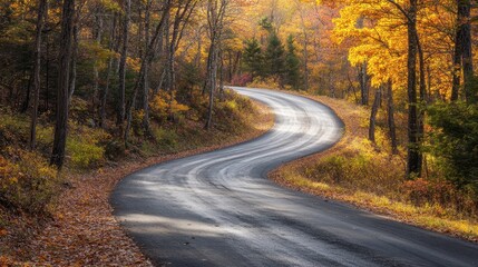 Obraz premium Winding Hilly Road Embraced by Autumn Foliage Under Gentle Sunlight