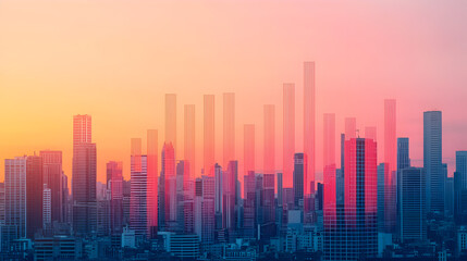 Aerial view of vibrant futuristic urban sunset skyline digital art transformation