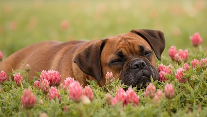 Fototapeta premium Sleepy boxer dog in red clover field
