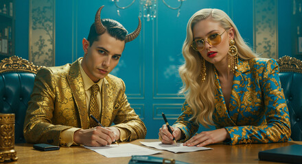 A pop star signs a contract with the devil. With intense focus, they sign a deal, their expressions hinting at a high-stakes negotiation. opulent office, exuding power and mystery.