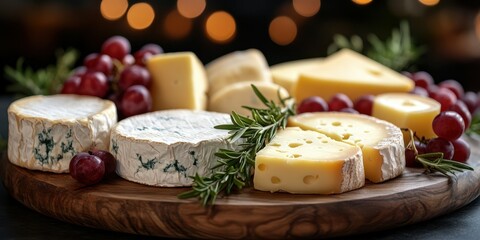 Assorted artisan cheeses served with grapes on a wooden platter during a cozy gathering