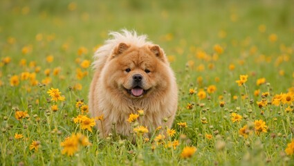 Fototapeta premium Adorable chow chow playing in vibrant wildflowers