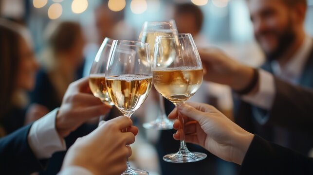 A group of people holding wine glasses. Networking executive at the business. Cheering on the crowd at a wine event. A team of individuals with wine lifestyle glasses in hand.