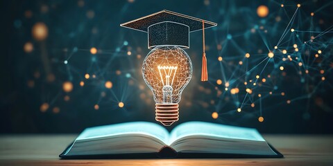 Education learning and Idea knowledge concepts innovative technology, science, and mathematics in school or university. Graduation cap with a lightbulb on the book and icon learning in the classroom