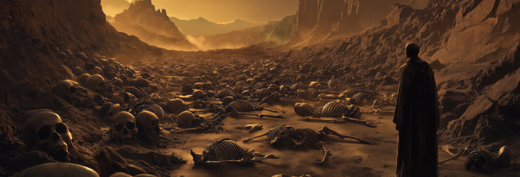 a prophet stands before a valley covered with dry, scattered bones.
