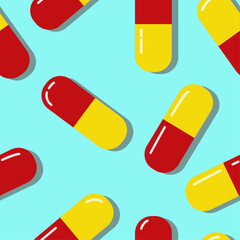 Red and yellow pills. Colorful medical pills seamless pattern. Tablets background. Capsules pattern in a blue background. A bright colored medical illustration. A seamless pattern with medical pills.