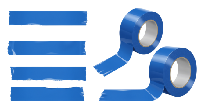 Blue adhesive tapes with rolls cutout in transparent background, PNG, ripped tape, textured tape, rugged tape, uneven tape, broken tape, jagged edge tape