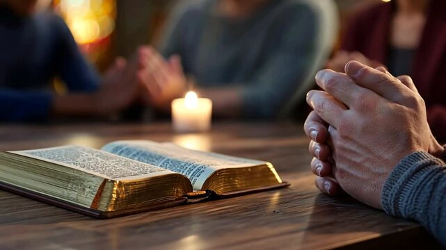 A group of Christians united in prayer within a warm lit room