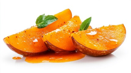 A delicious roasted acorn squash sliced into wedges with caramelized finish isolated on white background. Generative AI