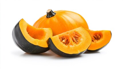 Freshly Sliced Acorn Squash with Bright Orange Flesh and Dark Skin Isolated on White Background. Generative AI