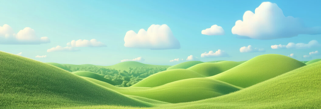 open field with smooth, rolling green hills in a 3D cartoon style.