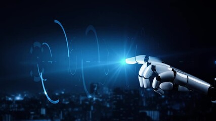 Futuristic robot artificial intelligence enlightening AI technology development and machine learning concept. Global robotic bionic science research for future of human life. 3D rendering graphic. - Powered by Adobe