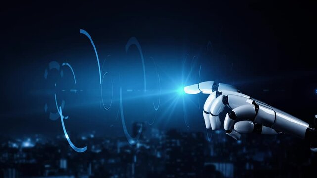 Futuristic robot artificial intelligence enlightening AI technology development and machine learning concept. Global robotic bionic science research for future of human life. 3D rendering graphic.