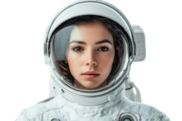 Young woman astronaut in space suit with helmet looking at camera isolated on transparent png background