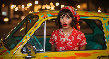 An elegant woman in 1950s fashion sits in a golden vintage car at night, her expression surprised and mysterious. The cinematic lighting enhances the nostalgic, glamorous atmosphere.